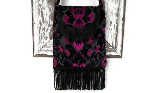Gothic Bohemian Bag Purse Cut Velvet Black Dark Pink