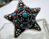 vintage sterling soild silver coral turquoise star ring - 9146