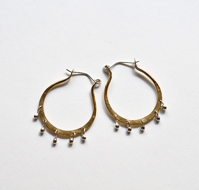 Small Brass Silver Drop Hoop Earrings - Bohemian Brass Hoop Earrings - Gold Silver Beaded Chandelier Earrings - allysonmellone