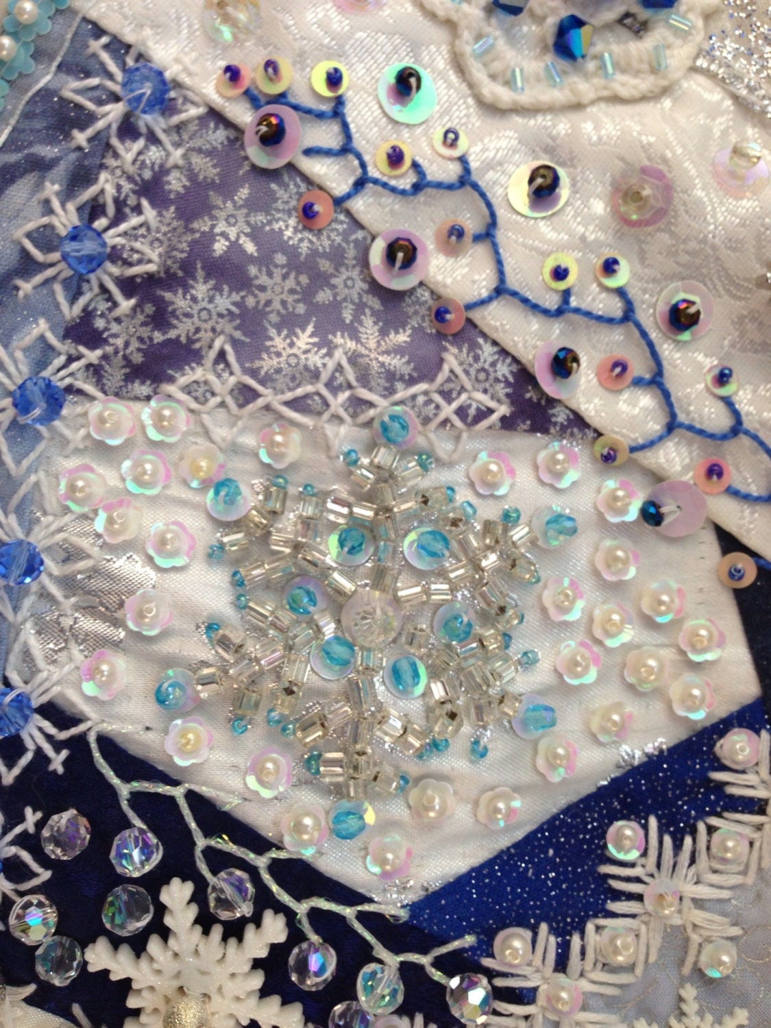 Winter Blue and White Crazy Quilt Wallhanging in Victorian Style