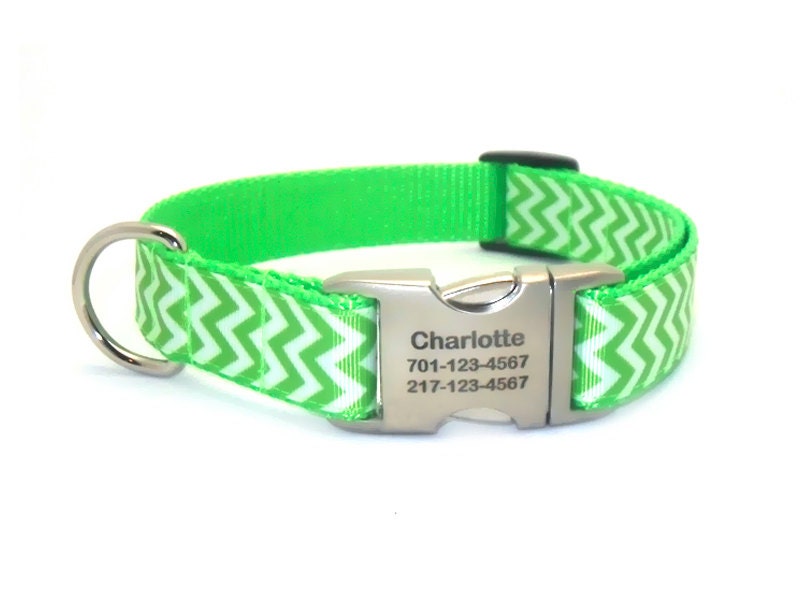Chevron Stripe Dog Collar with Laser Engraved Personalized Buckle - LIME