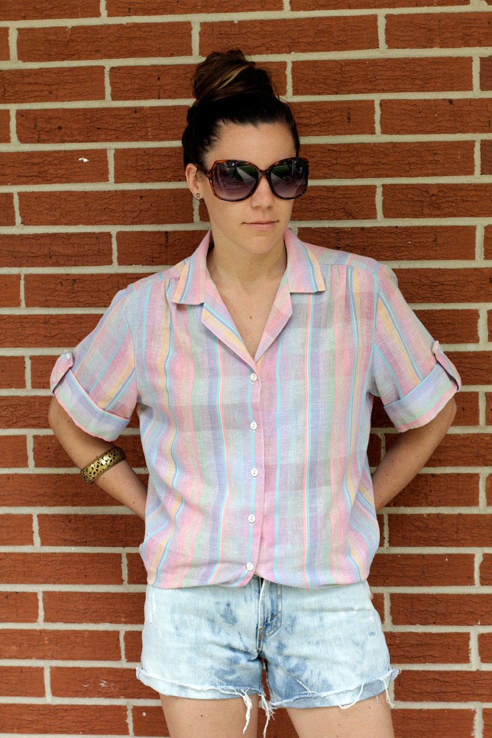 Women's Vintage Hipster Plaid Short Sleeve Pastel Button Down Size SM/M/LG