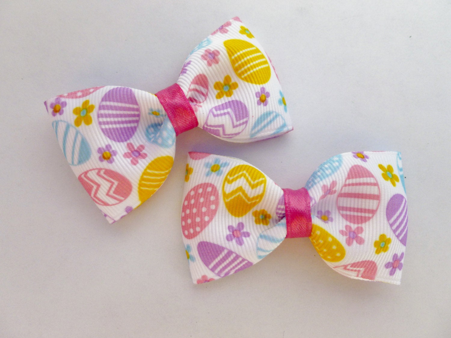 easter egg pigtail bows-2 tuxedo style hair bows-light pink purple and yellow accessories