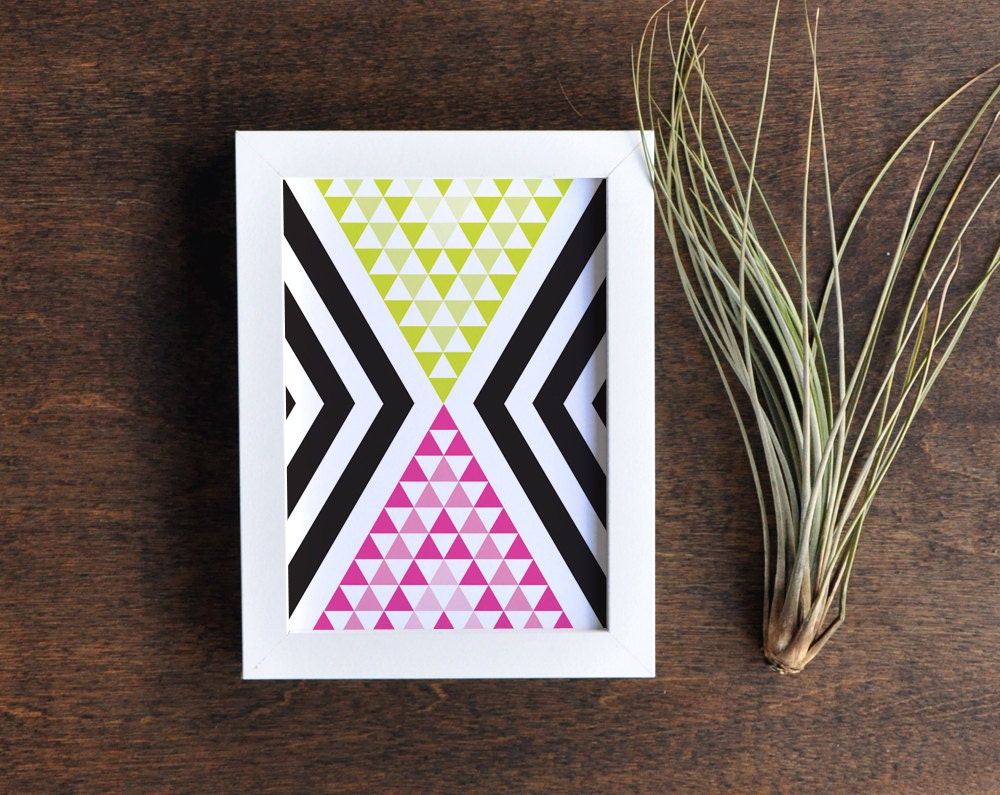 Bright Tribal Wall Decor - Black, Green and Pink Triangle Digital Illustration Art Print - 5x7