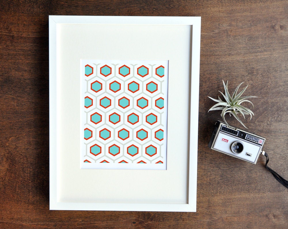 Graphic Geometric Wall Decor - Aqua and Red Honeycomb Pattern Art Print - 8x10