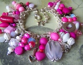 Bracelet Altered art PINK Heart Fashion Shoes LOVE Day beadwork Gypsy charm bracelet  Silver Boho Shabby Upcycled Steampunk OOAK New
