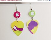 ON SALE Guitar Pick Earrings APPLE Handmade From Upcycled Gift Card iTunes iphone Green Yellow And Purple Eco-Friendly Teen Girl