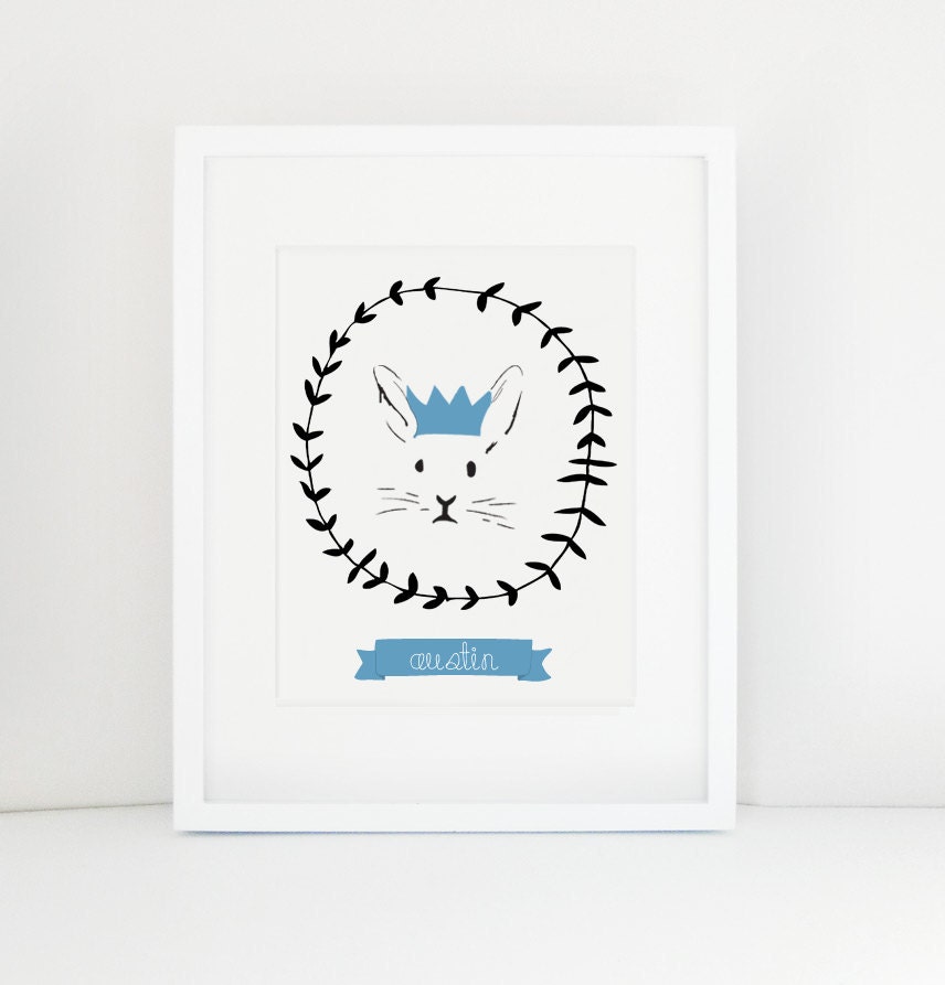 Personalized Nursery art print - bunny crown and leaf border - custom boys & girls