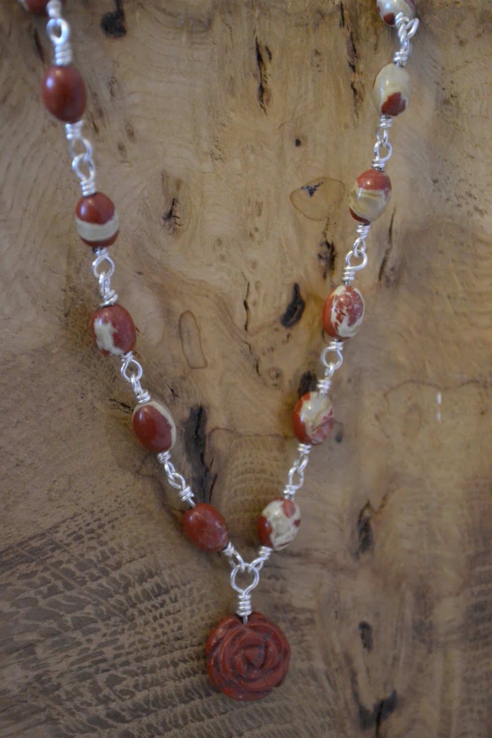 Sale Red Rose Carved Bead Jasper Necklace - Gemstone - Cancer Charity