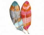 Feather Love / Blue / Azul / Teal / Aqua / Pink / Magenta / Yellow / Watercolor Print - kellybermudez