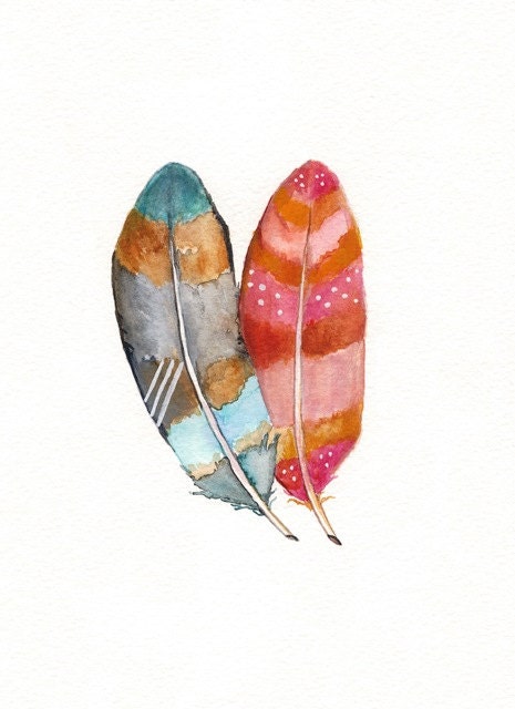Feather Love / Blue / Azul / Teal / Aqua / Pink / Magenta / Yellow / Watercolor Print