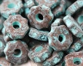 Green Patina Mykonos beads, greek ceramic - metalized spacers, 7mm - 15pc - 0697