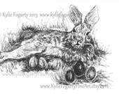 Easter Art - Black Ink Drawing  - Bunny Rabbit with Easter Eggs - Art, Rabbit Art, Animal Art, Original Drawing by Kylie Fogarty