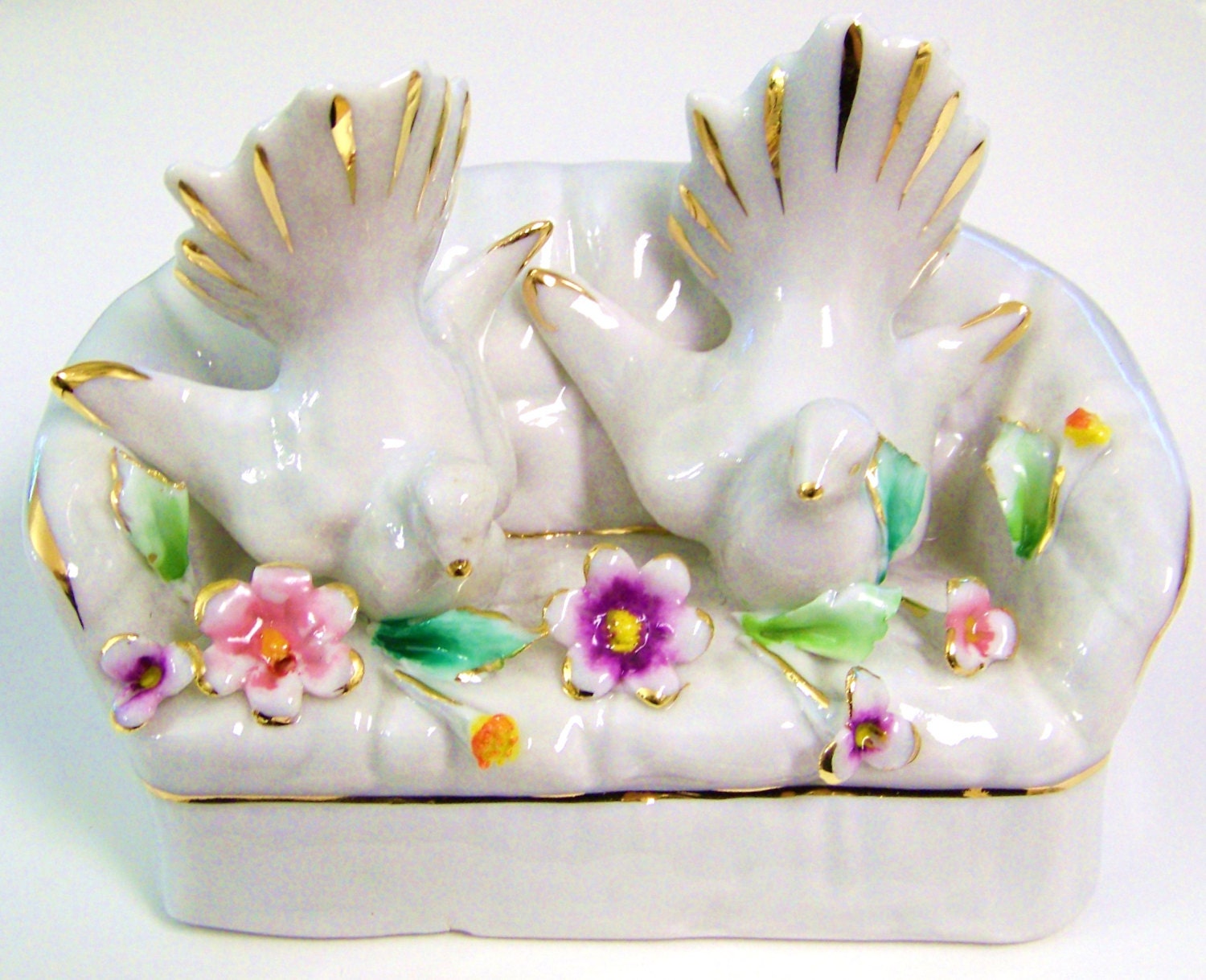 Vintage Capodimonte Porcelain Collectible Figurine / Doves on Loveseat with Flowers / Highly Glazed Porcelain / Signed by Artist A. Calle