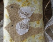 Handmade Bridal bag Natural Burlap Lace drawstring Rustic Country Keepsake dollar dance bag Satin Yellow floral fabric Love Birds