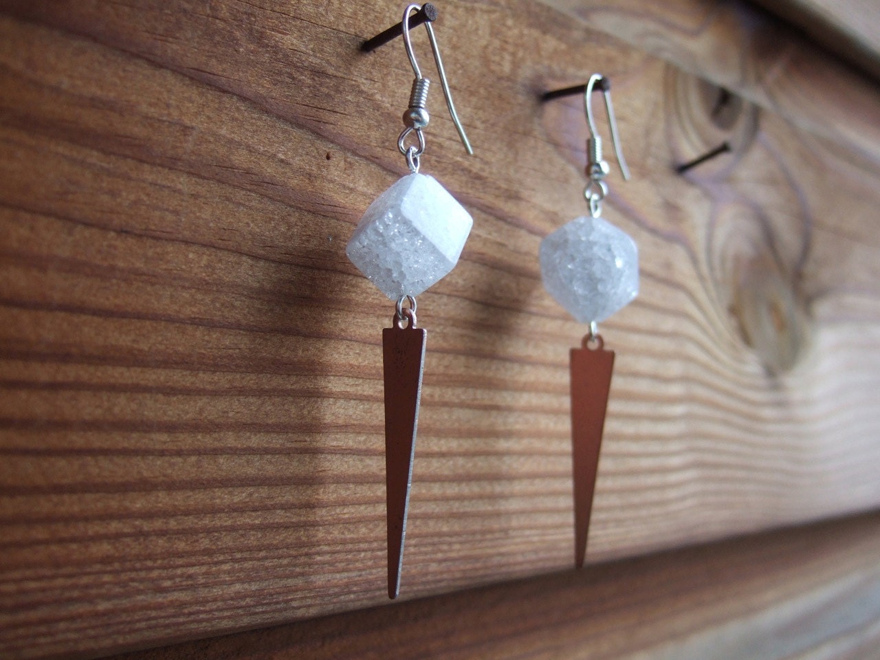 White Crackle Quartz & Copper Spike Earrings