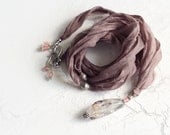 Raw Quartz Crystal Necklace - Silk Necklace / Quartz Pendant on Silk / Brown Necklace / Handmade Bohemian Jewelry