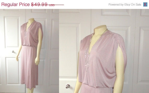 SALE Vintage Dress 70s Draping Shirt V Neck Gathered Shoulders Shimmering Lavender Stone Size XL - Xxl