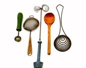 20% OFF SALE Primitive Cooking Utensils, Set of 5 Vintage 1950s Kitchen Tools