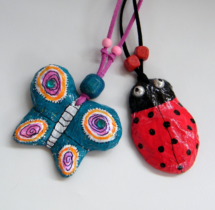 Set of 2 nursery ornaments, Upcycled wall hanging, Ladybird and butterfly wall decor, Eco chic