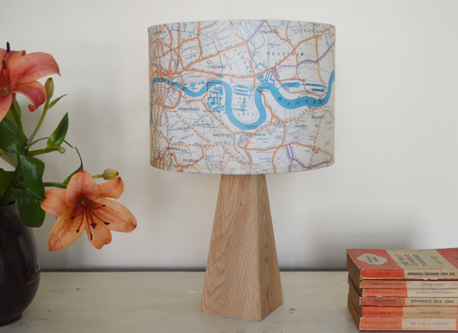 Beautiful Vintage Map Lamp featuring London, made with Orange and Blue 1930s Road Map.