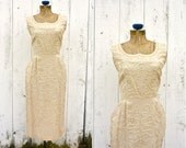 1950s dress / 60s wiggle dress / linen & rhinestone dress