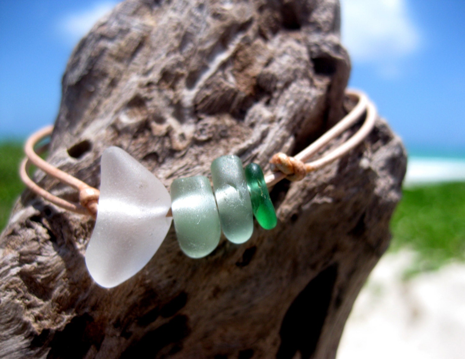 Hawaiian Ombre Aqua Blue Teal Beach Glass and Clear Beach Glass on India Leather Cord Completely Adjustable & Stackable Bracelet