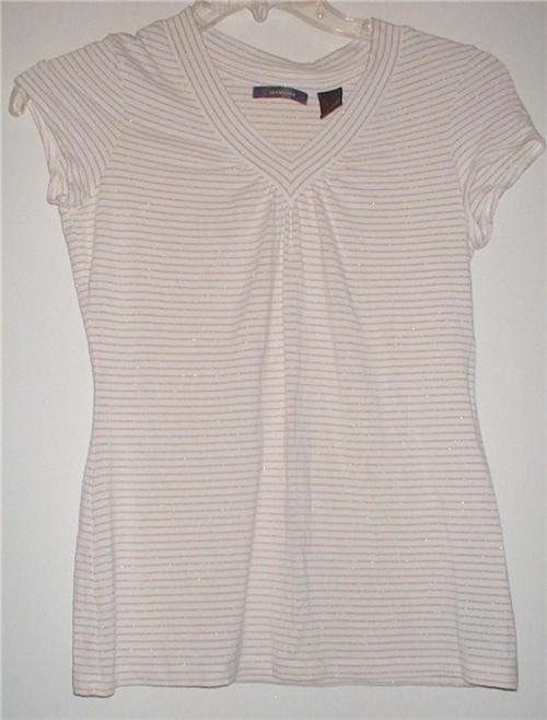 Women's Vintage LIZ CLAIBORNE White and Gold Metallic Stripe Top Shirt Size Medium