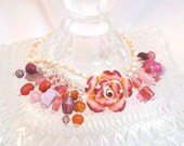 Handmade One of a Kind Romantic Glass Beads and Polymer Clay Flower Beaded Bracelet, Fast Shipping