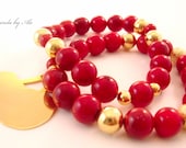 Red bracelet. Gold bracelet. Love bracelet. Cherry charm. Elastic bracelet. Gift for Mom.Acuarela.