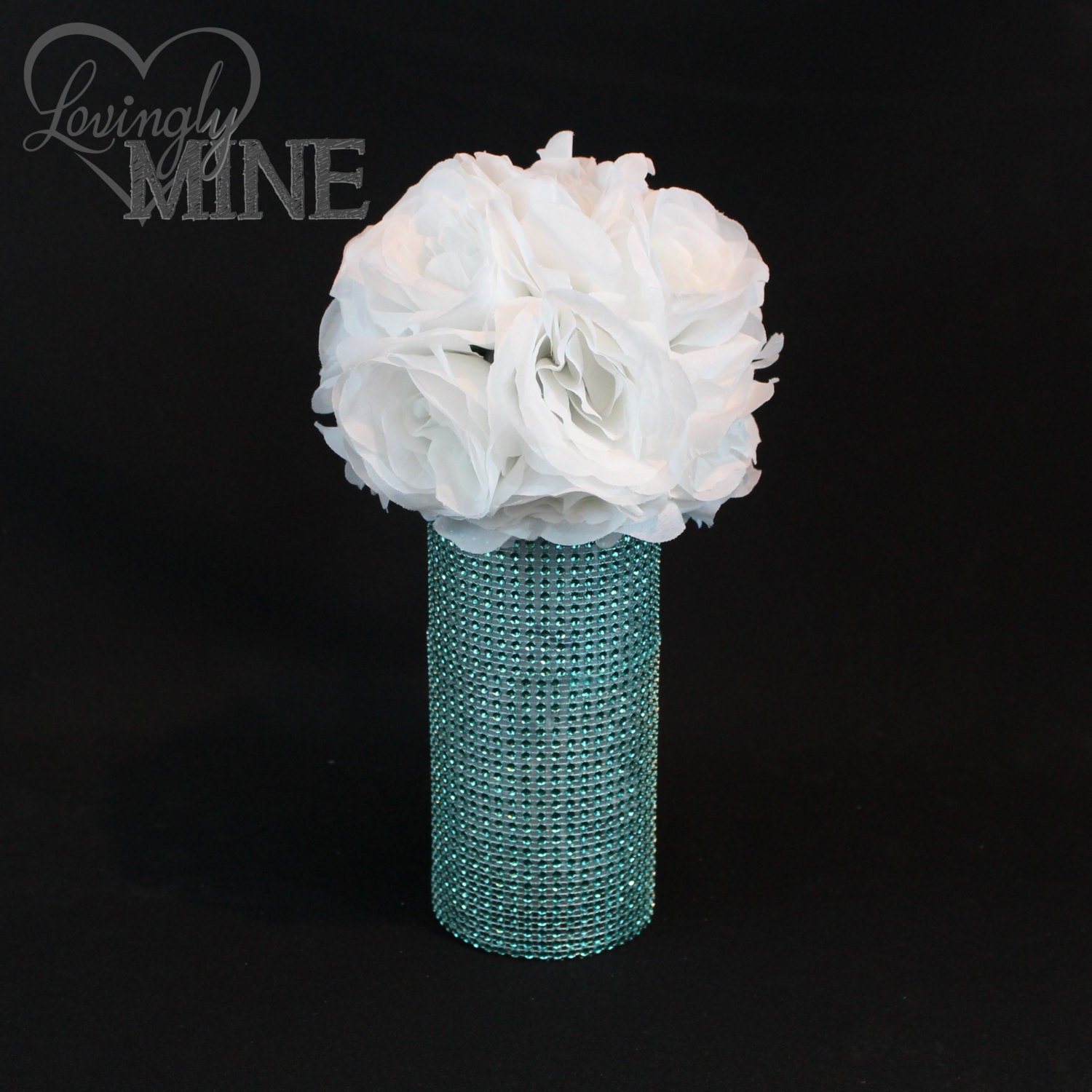 Centerpieces - White Roseball Glass Centerpiece - With Tiffany Blue Rhinestone Mesh Wrapping