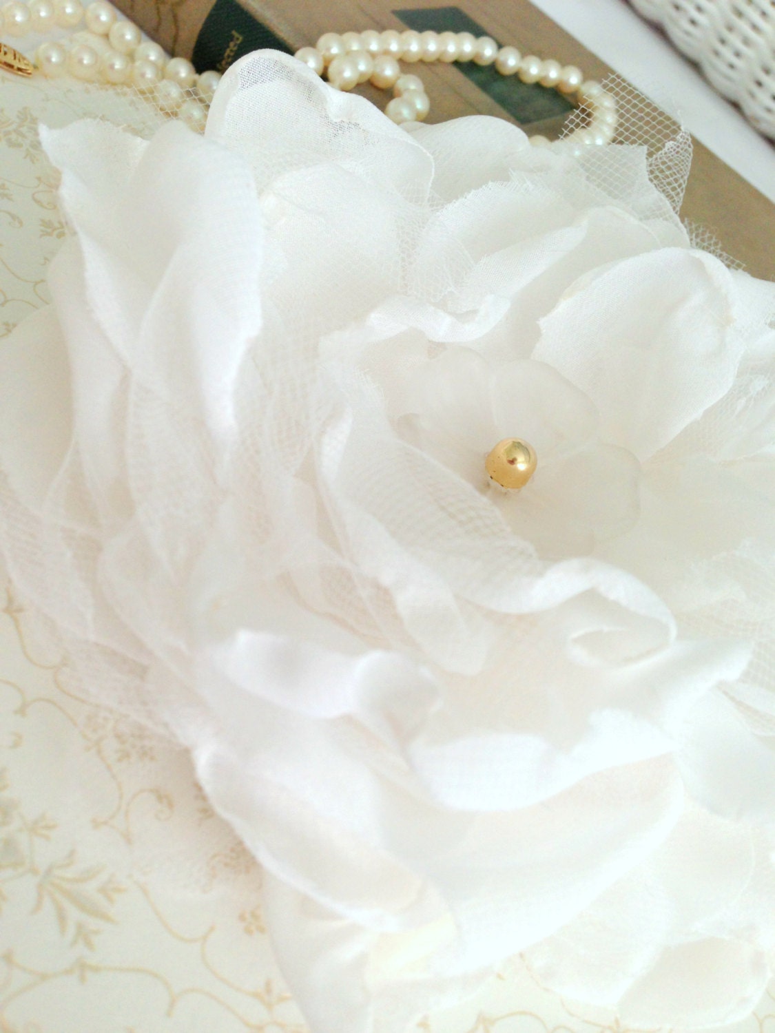 Bridal Hair Piece,  White Peony, Wedding, Chiffon Flower, Garden Wedding, Classic, Spring, Summer,  READY TO SHIP,  5 inches