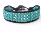 Turquoise Leather Cuff Bracelet, Natural Black Leather, Elephant Button, Chan Luu Inspired, Czech Faceted Beads, EnhanceYourWrists