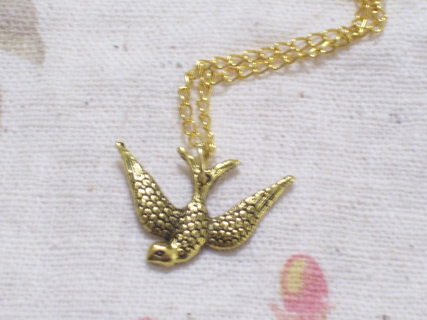 Antiqued Gold Plated Soaring Swallow Bird Pendant Necklace