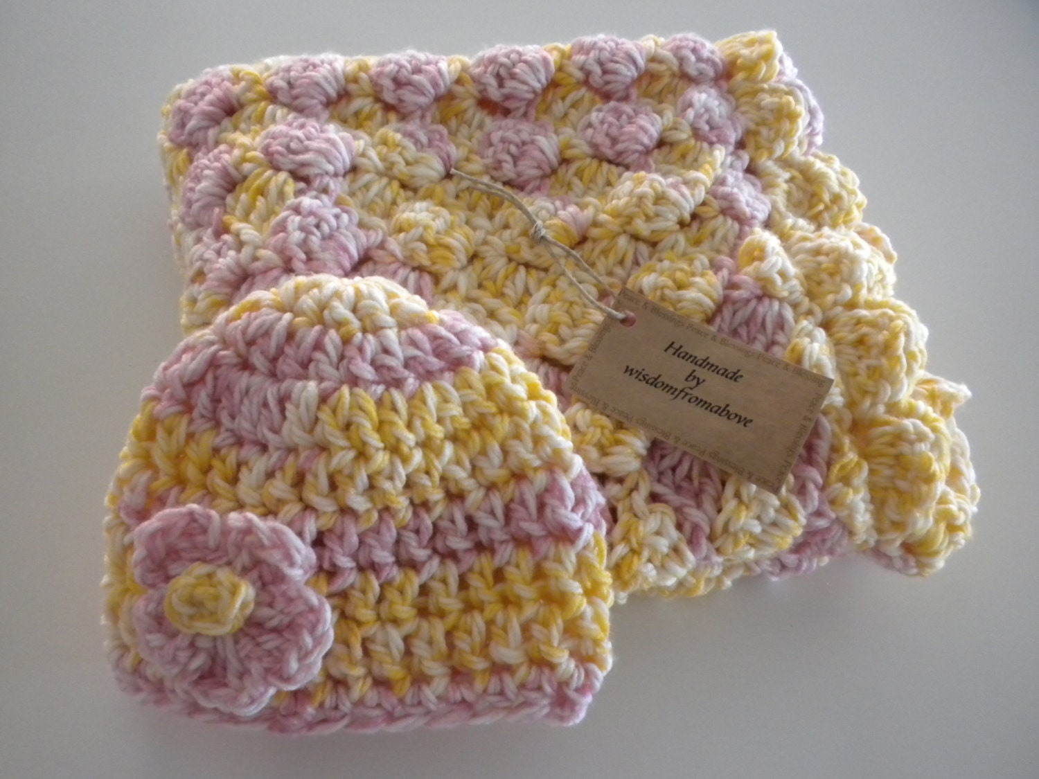 Crochet Blanket Baby Child Blanket Matching Hat Yellow Pink so Soft Crochet Stroller Carriage Car Size 31  X 24 Handmade FREE SHIPPING