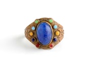 Antique Egyptian Revival Ring. Colorful Enamel & Lapis Glass.