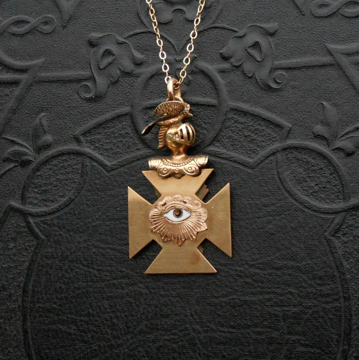 Victorian Knights of Pythias Fob. All Seeing Eye. Helmet with Bird. Fraternal. Pendant Necklace.