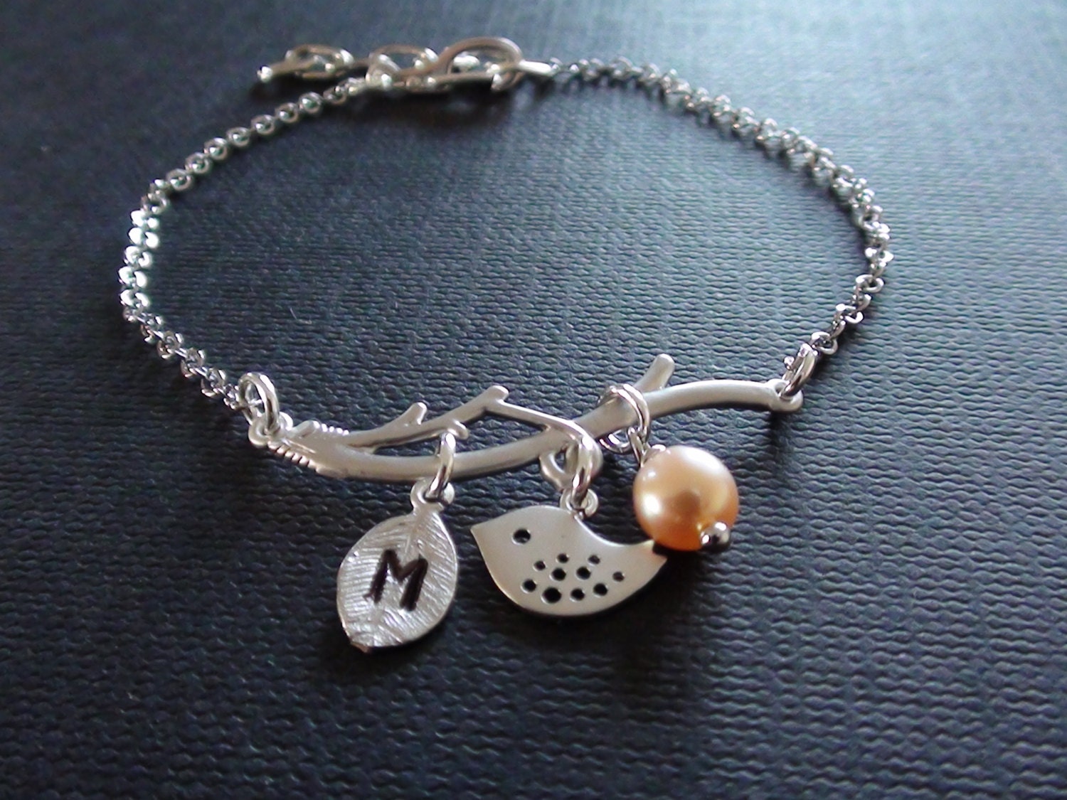 Sale Personalized Initial Leaf, Long Branch Connector With Mini Skylark Charm , Freshwater Pink Pearl-White Gold Plated Bracelet