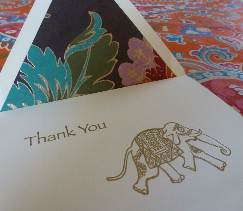 Gold Elephant Thank You Cards.  Set of four embossed note cards with Indian jungle lined envelopes.