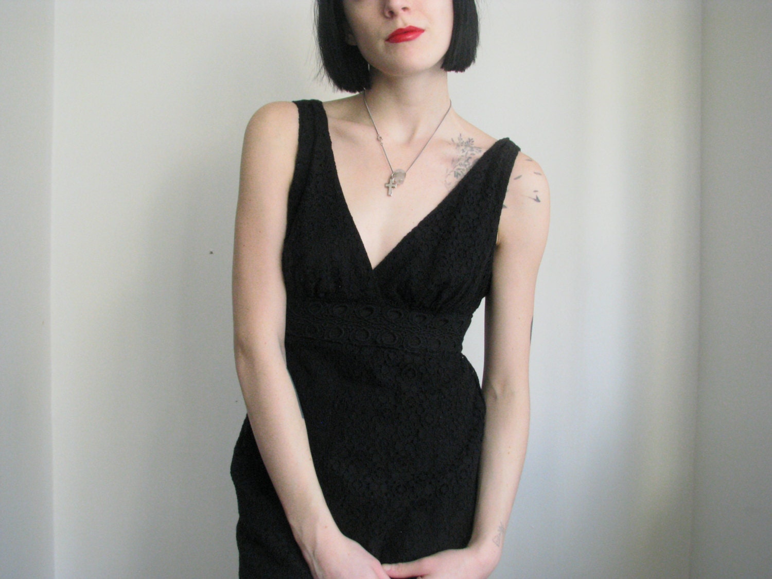 90s black crochet eyelet summer dress with plunging neckline xs/s