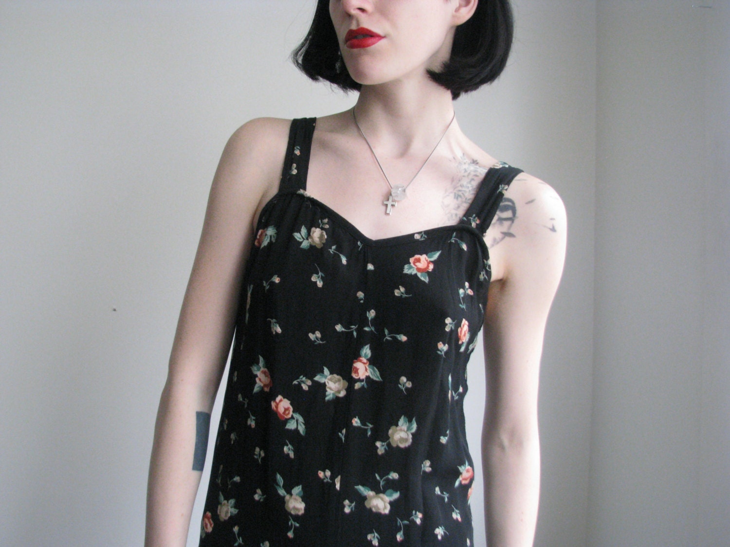 70s navy SILK floral maxi dress / S-M