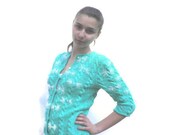 Hand Knit Woman Sweater, Eco Cotton/ mint Summer Cardigan/Sweater in Textured Cotton/ Sweater Button Front /Womens Top