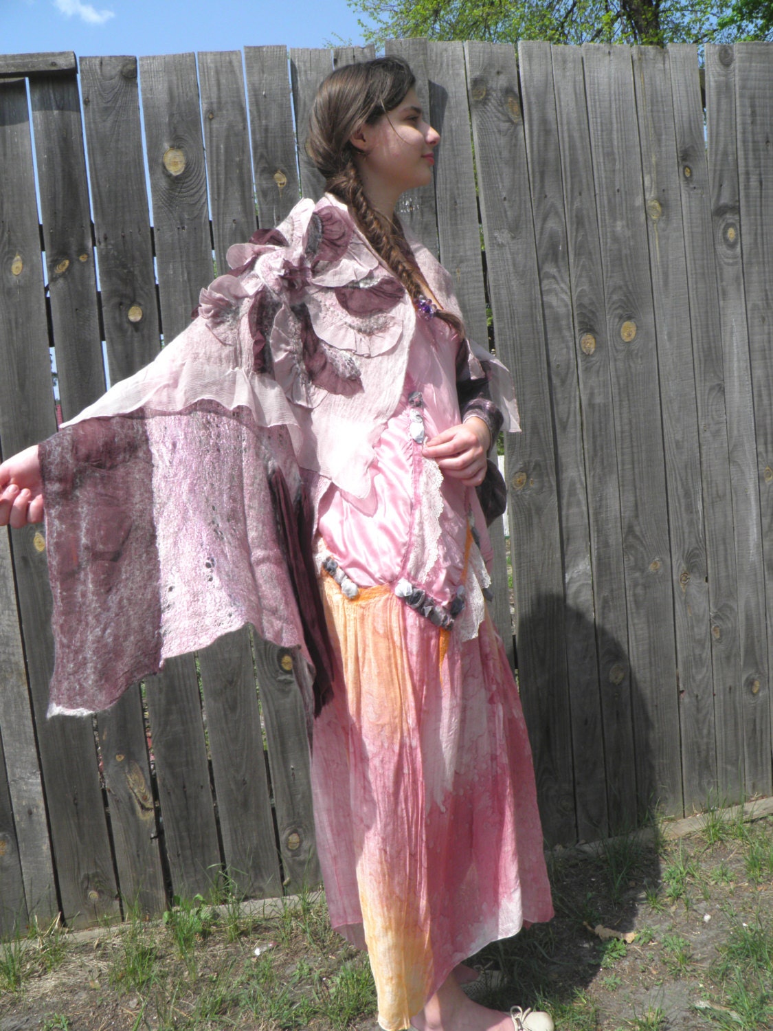 Felted Scarf/ Nuno Felted shawl wrap /pink Burgundy/ Nuno Felt silk/ ooak/cobweb shawl
