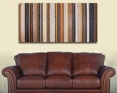 Modern Art Wood Wall Sculpture in Browns, Tan, Navy, Cream and Gray Stripes 24x48"  -Make to Order