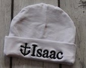 Embroidered Baby Girl or Boy Beanie - Cotton Infant Hat with Personalized Name. Sailor, Anchor, Navy inspired. Handmade