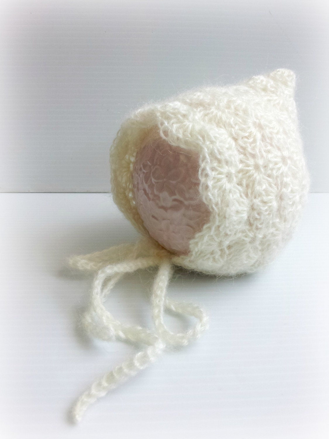 newborn photography prop-baby shower gift-girl lace pixie mohair bonnet-vintage style cream white-princess hat