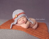 Gray with orange stripe baby  boy knitted hat, newborn photography prop, baby shower gift, baby photo prop, infant earflap beanie