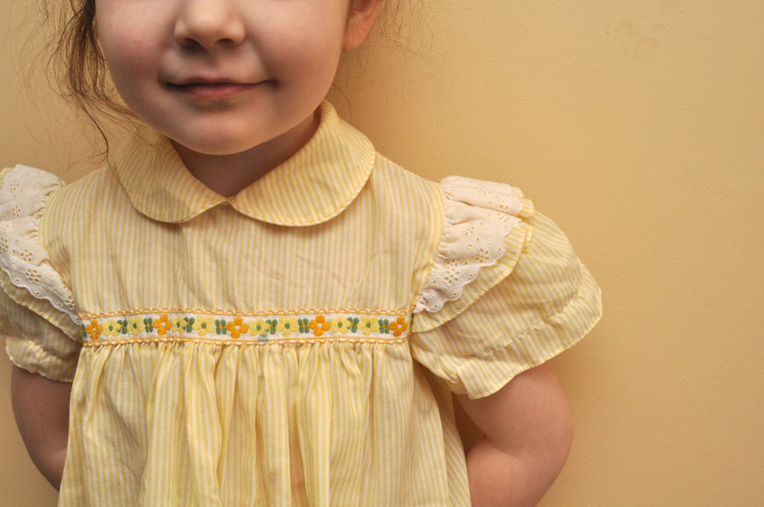 4T vintage yellow and white stripe, peter pan collar dress, eyelet trim
