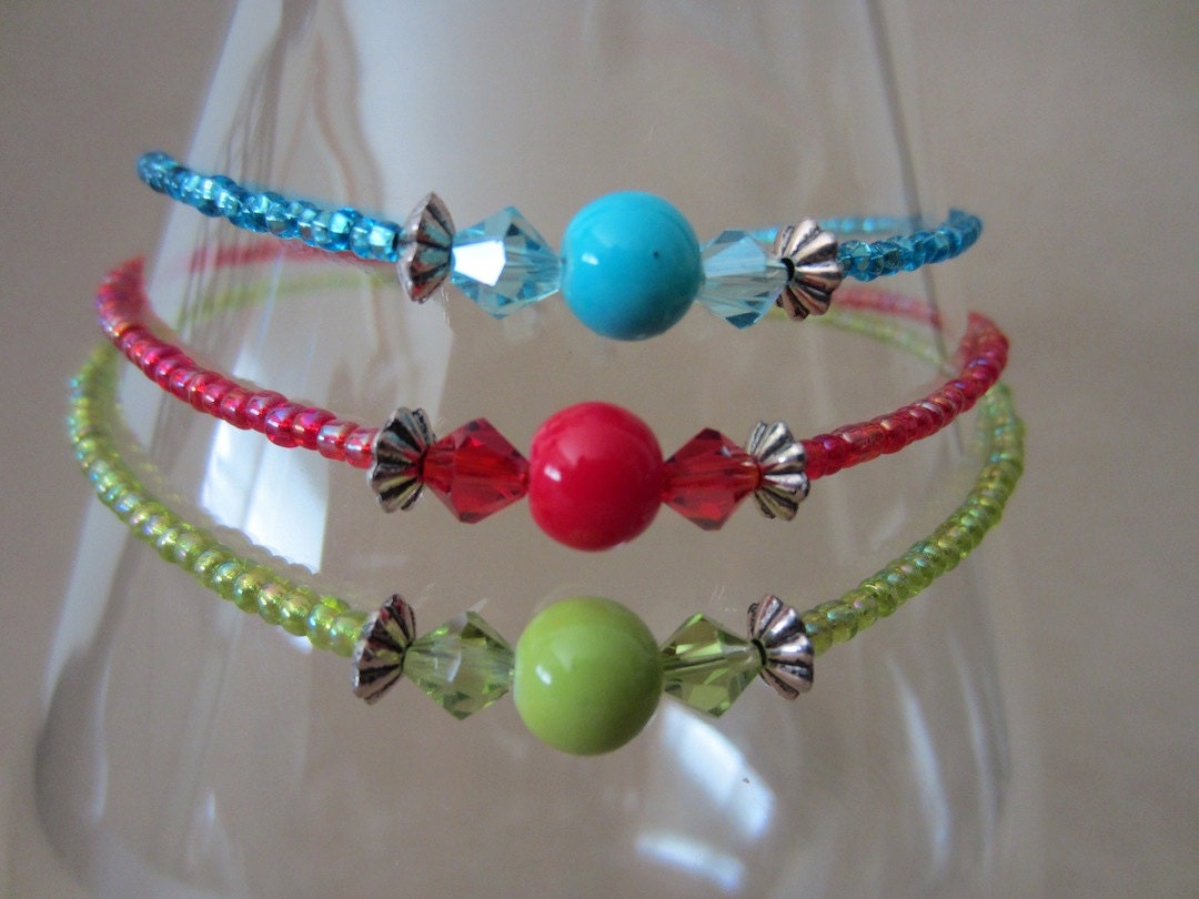 Gumball Glass Bead & Crystals Anklets w/ Silver Accents