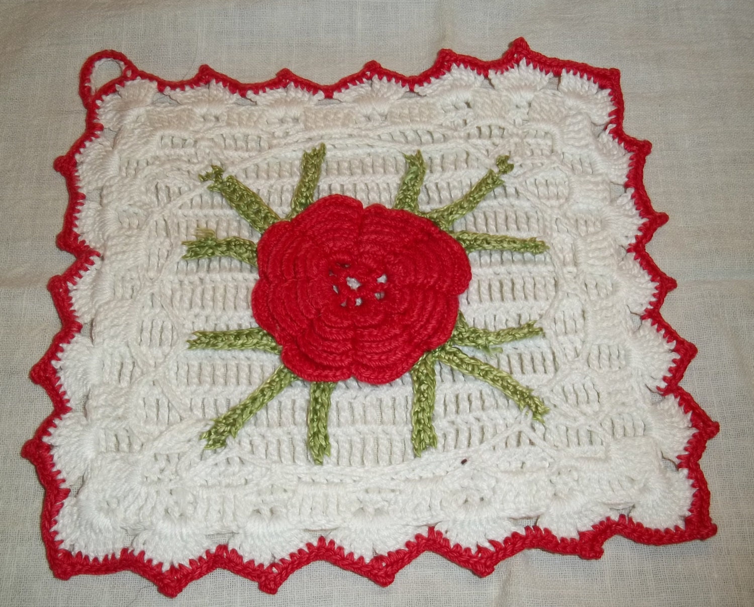 Gorgeous Unused Pot Holder Potholder with Red Rose Center, Sage Green Leaves on a White Background and Red Trim